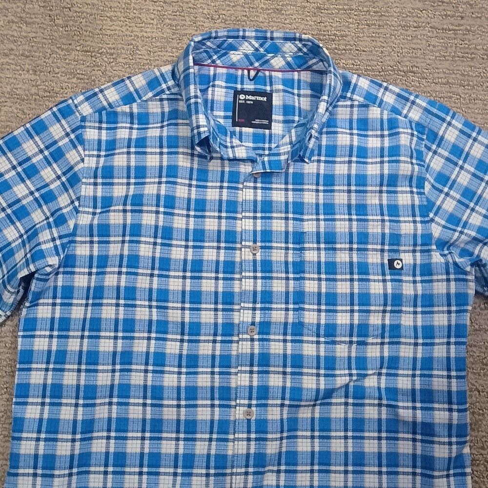 Marmot Mens Medium Short Sleeve ButtonDown Shirt Blue White Plaid Hiking Outdoor - Picture 2 of 10